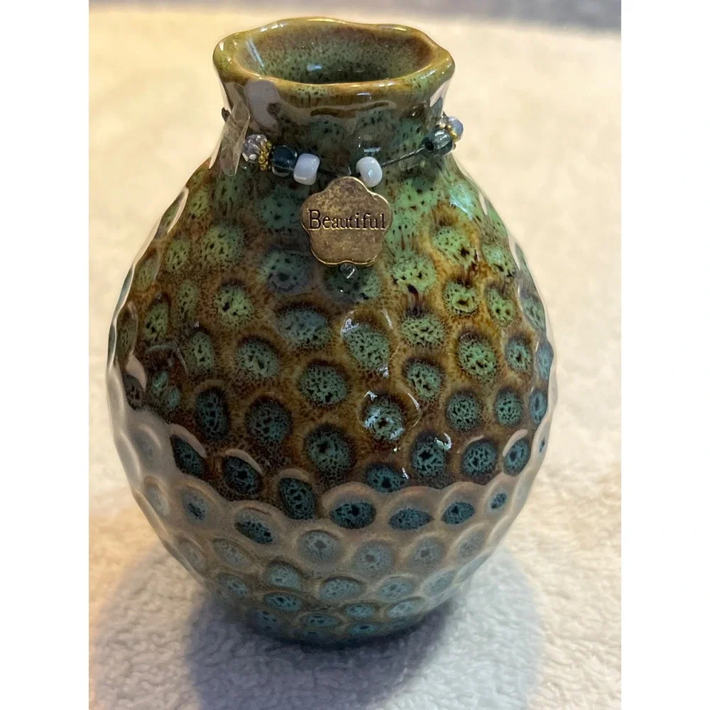 Handmade Ceramic Bud Vase Green Blue Reactive Glaze Honeycomb Texture Beautiful